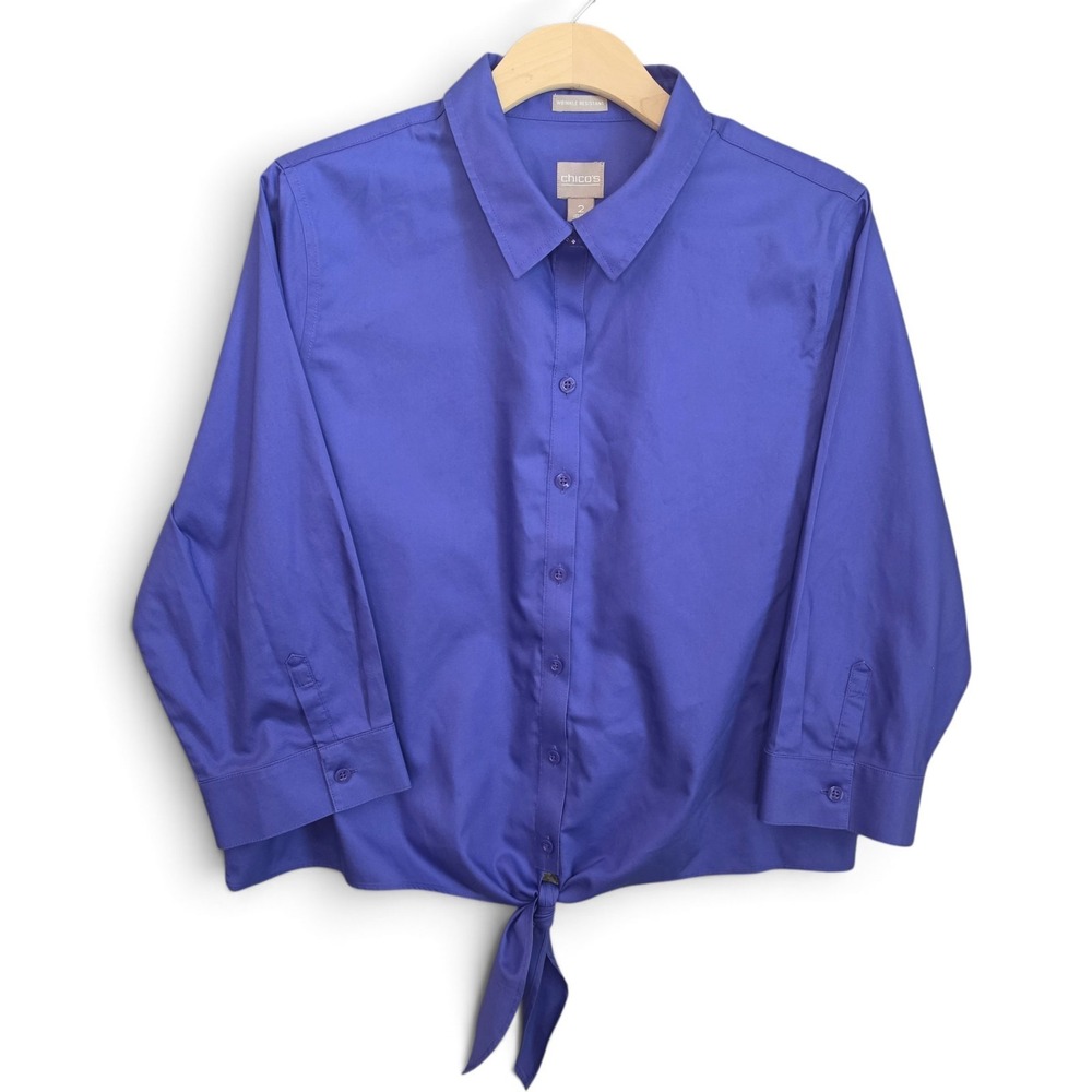 Chicos Top Womens 2 Large Purple Button Wrinkle Resistant Tie 3/4 Sleeve Blouse